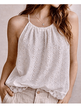 Top Capri blanco de broderie con bretel angosto 