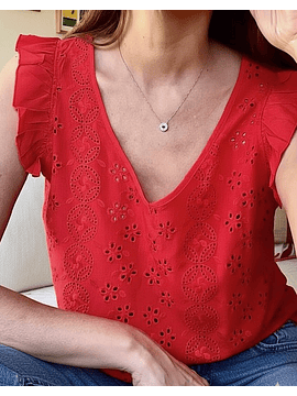 Blusa Roja de Broderie Francia con Volados - Diseño Romántico