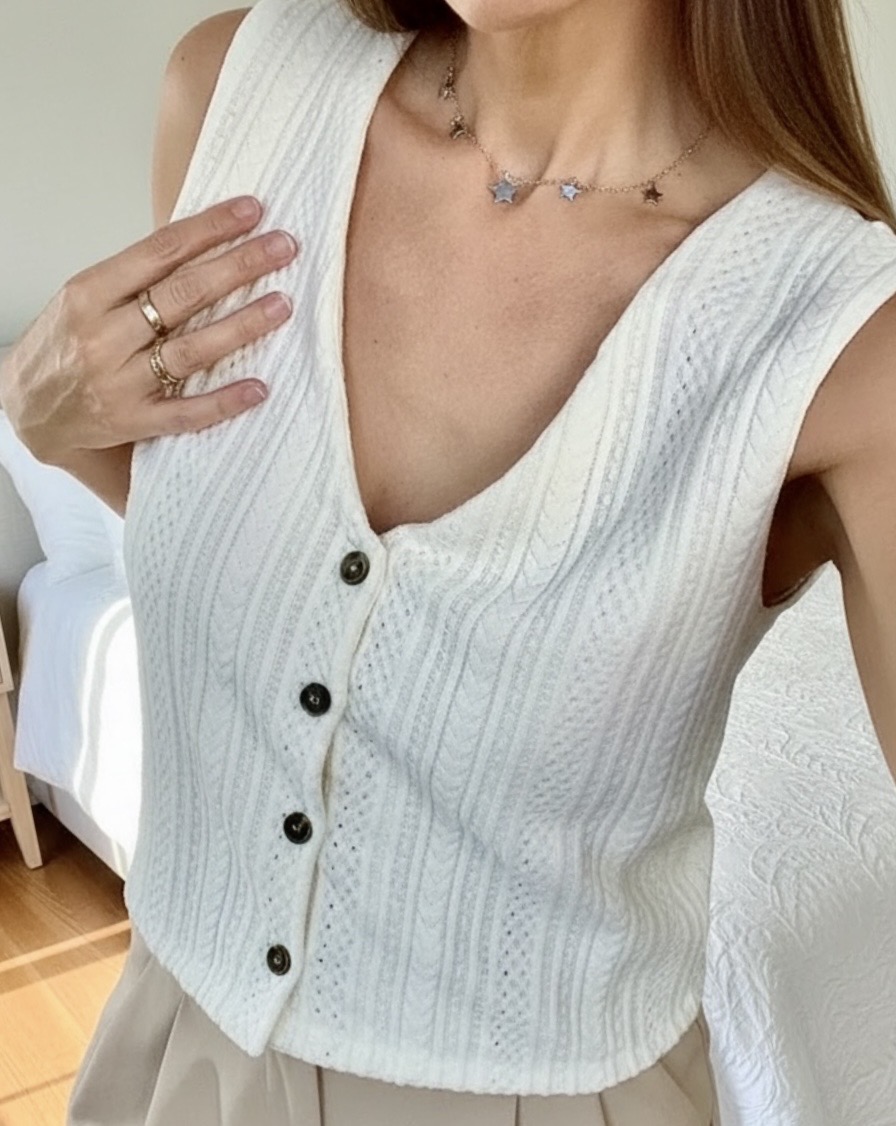 Gilet Tejido Crochet Genova - Color Crudo Escote en V