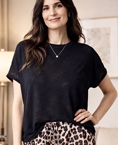 Polera negra Taormina de Algodón Punto Lino - Semi Transparente