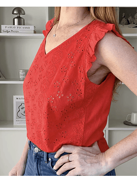 Blusa Roja de Broderie Francia con Volados - Diseño Romántico