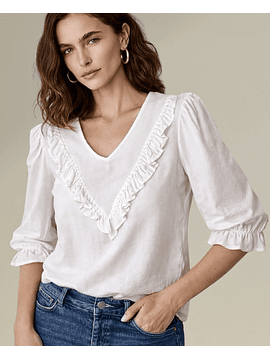Blusa blanca cuello en v con volado delantero - Victoria