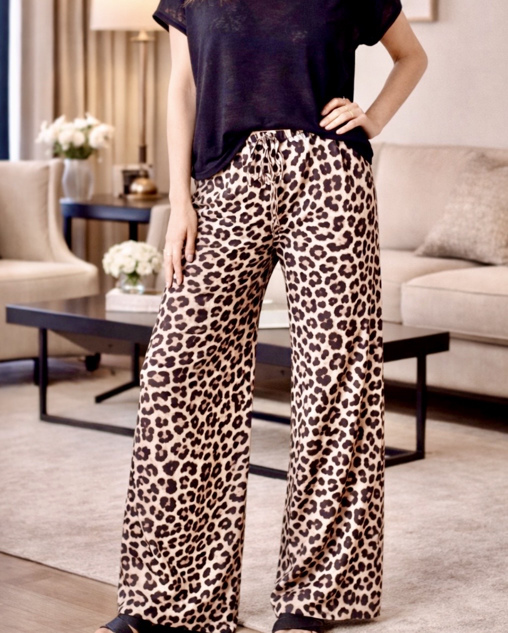 Pantalon animal print satin cintura elasticada