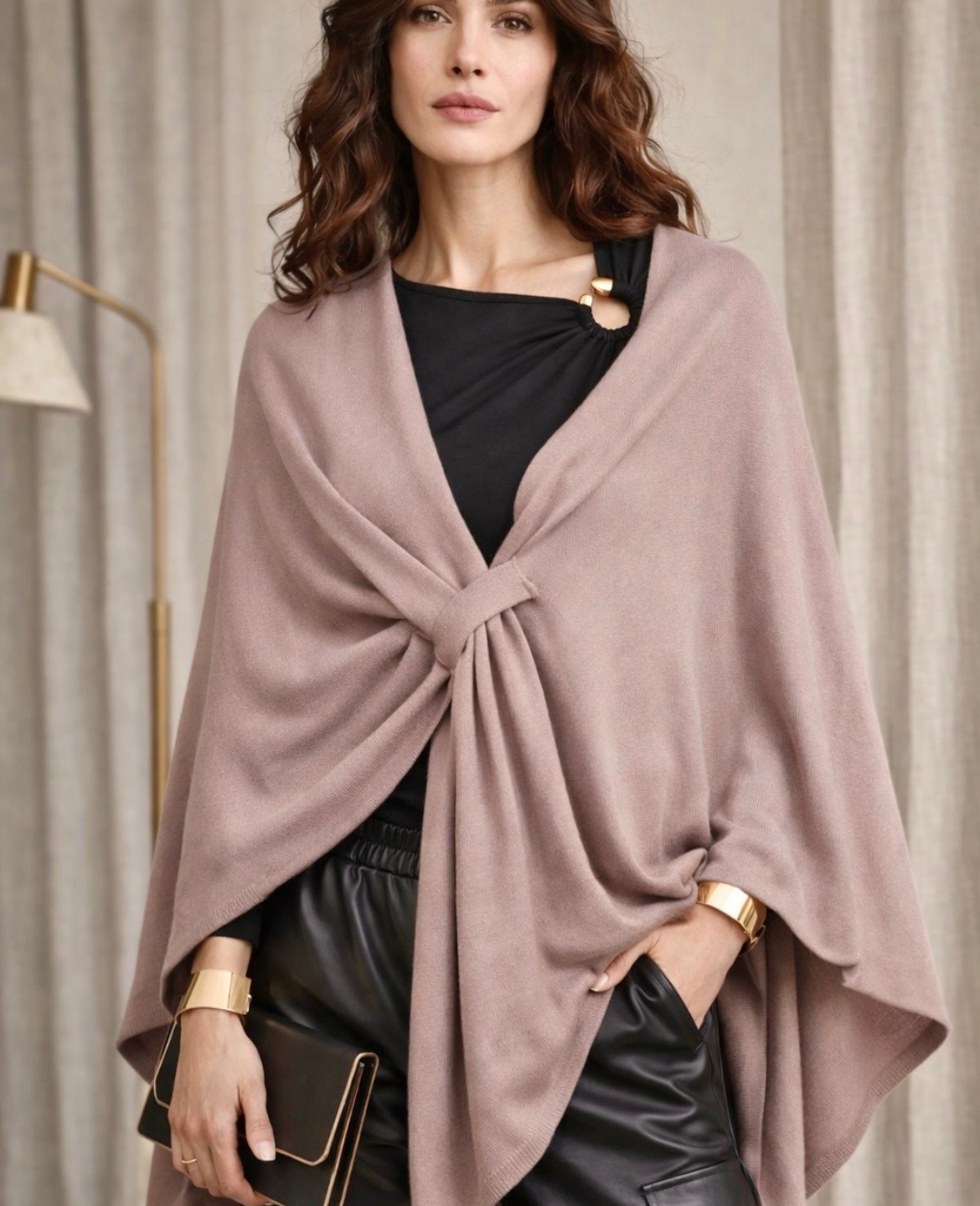 Ruana elegante con amarra-Capa Tejida Suave y Versátil para Mujer