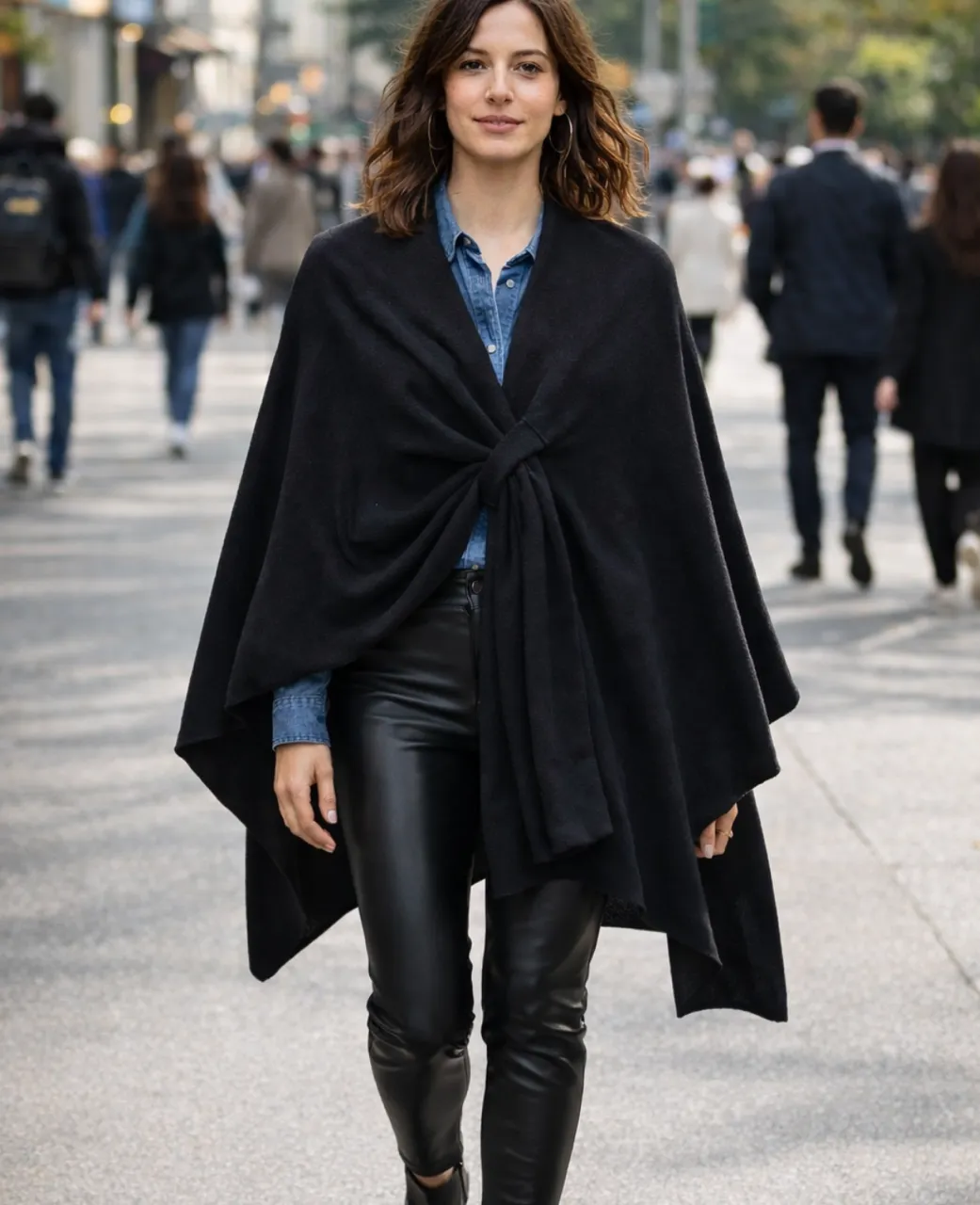 Capa para mujer negra elegante con amarra-Capa Tejida Suave