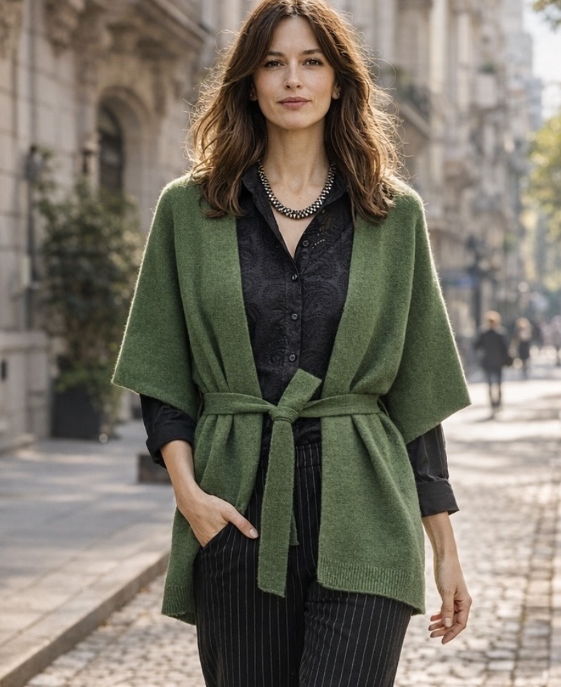 Capa tejida verde con lazo ajustable 