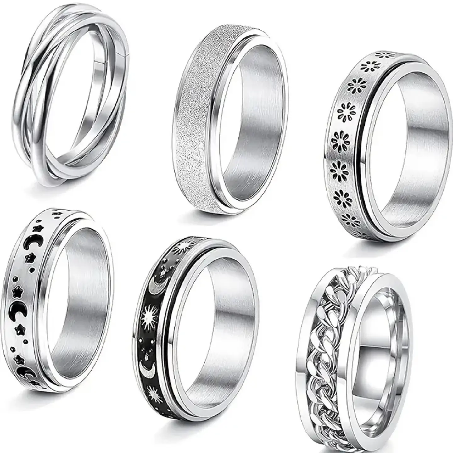 Set de 6 Anillos Fidget de Acero Inoxidable – Calma Discreta con Estilo 🌬️💍 2