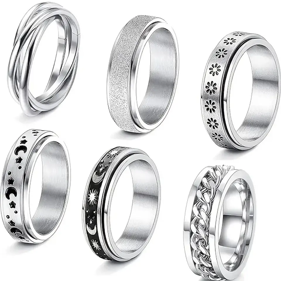 Set de 6 Anillos Fidget de Acero Inoxidable – Calma Discreta con Estilo 🌬️💍 2