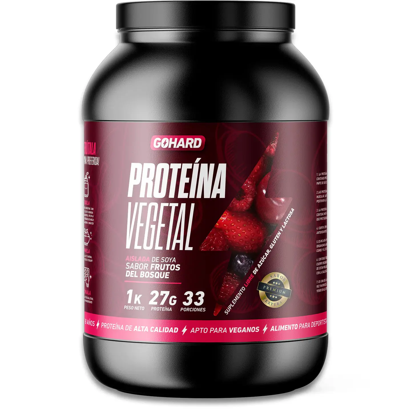 Proteína Vegetal Sabor Frutos del Bosque - Aislada de Soya 27g Isolate Vegan GoHard 1