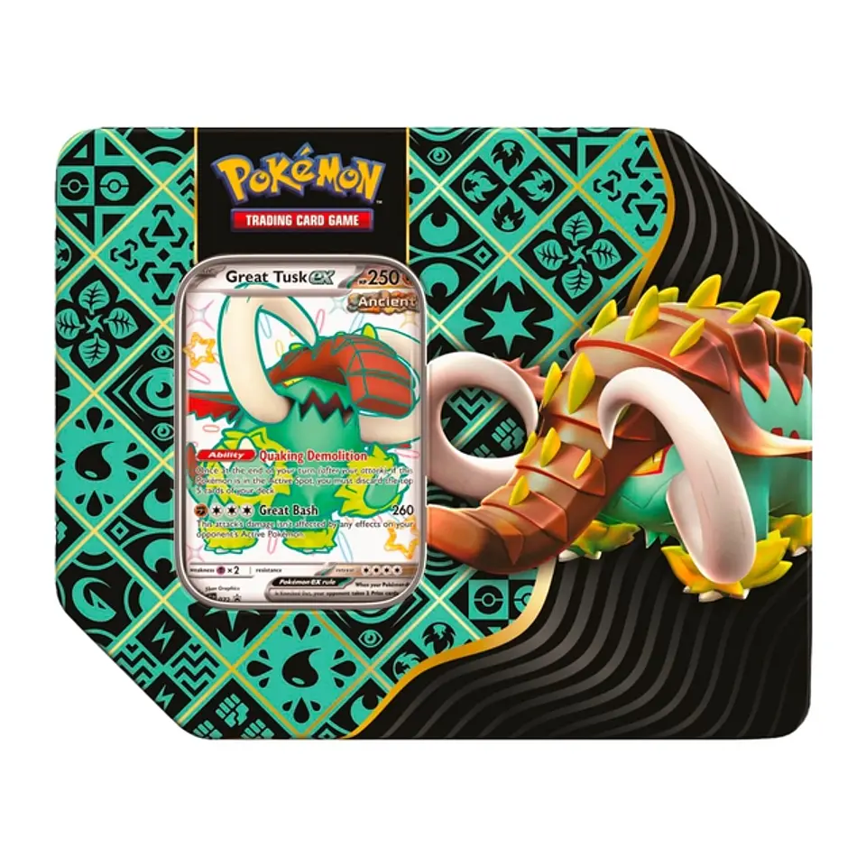 Pokemon TCG Scarlet and Violet Paldean Fates Great Tusk Tin - Ingles 1