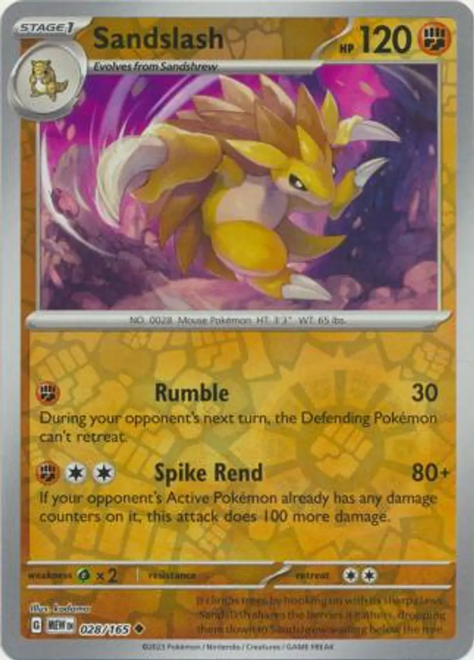 Sandslash - 028/165 - Uncommon Reverse Holo (Español) 1