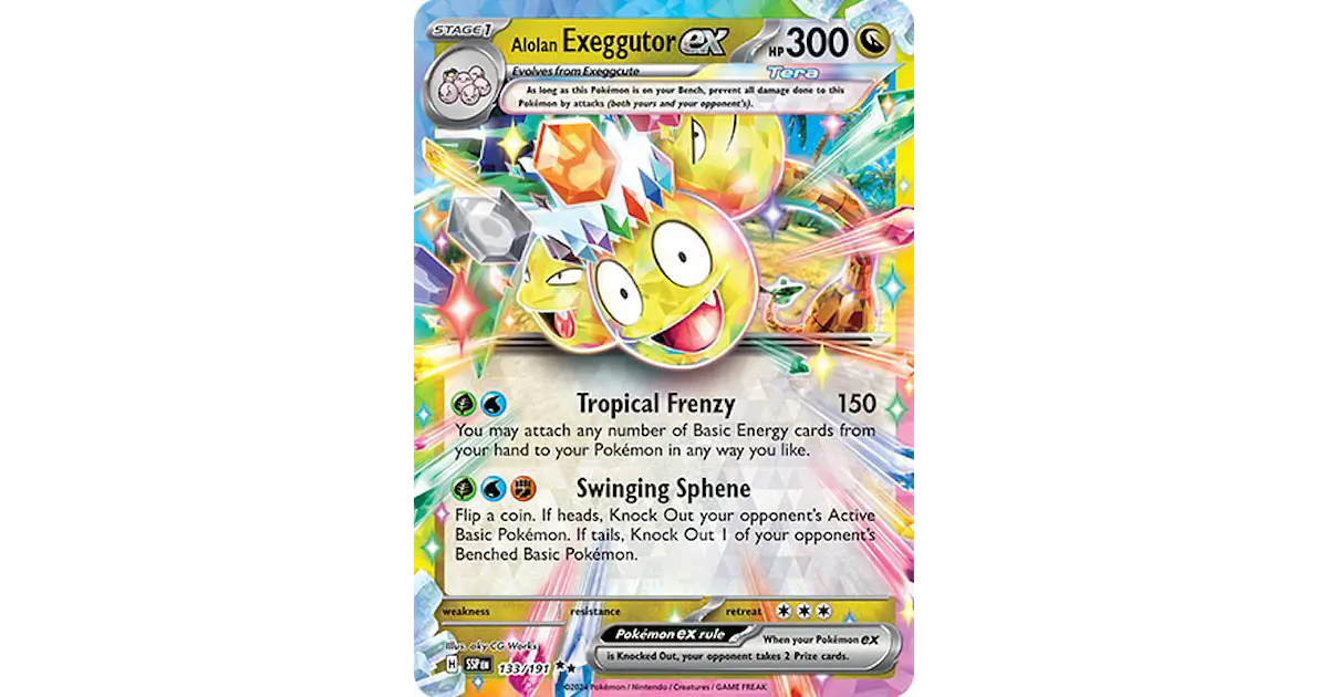 133 191 pokemon card Alolan Exeggutor ex 133/191 – Surging Sparks (English Pokémon TCG Single) – Tyneside TCG The acceptable range of cards within the Lightly Played condition includes both cards with few or a handful of minor imperfections Alolan Exeggutor ex 133/191 -