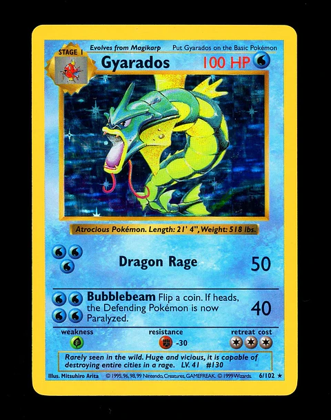 Pokemon TCG 1999 Pokemon GYARADOS Base Set SHADOWLESS Edition HOLO RARE Deck Card 6/102 WotC Ingles