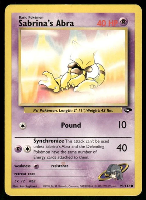 2000 Sabrina's Abra (93) 093/132 Common Unlimited LP Gym Challenge Pokémon