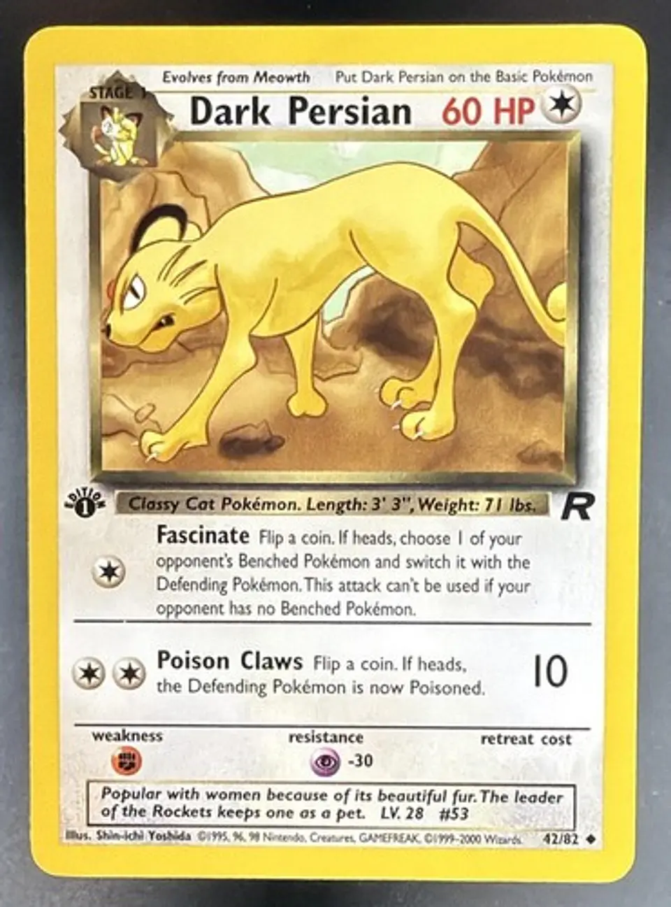 2000 Pokemon Team Rocket 1st Edition Dark Persian 42/82 Uncommon 1
