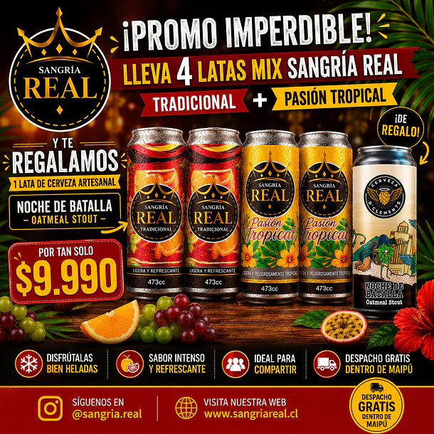 Promo Sangría Real: 4 Latas Mix + Cerveza Artesanal D'Clements Gratis 