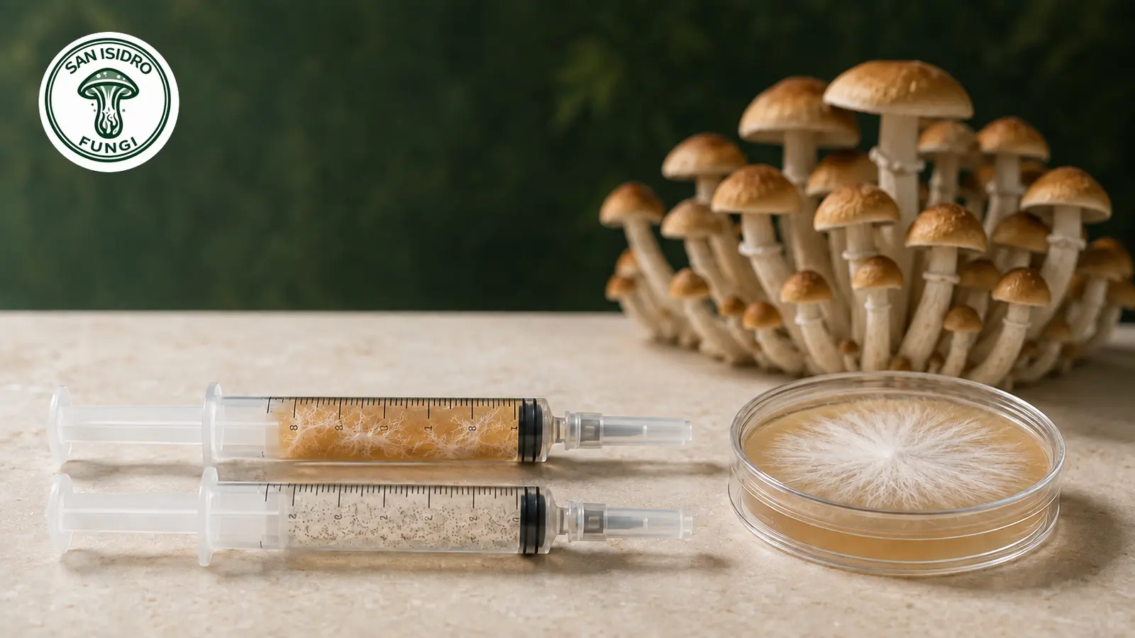 Comparación entre micelio líquido, jeringa de esporas y placa Petri San Isidro Fungi