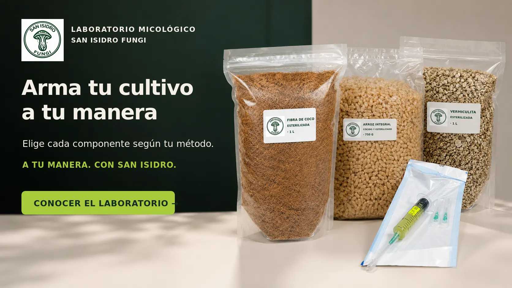 Arma tu cultivo a tu manera con fibra de coco, arroz integral esterilizado, vermiculita y cultivo líquido MycoVial de San Isidro Fungi