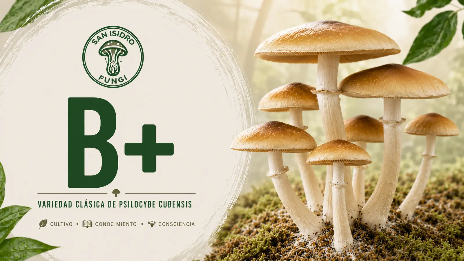 B+, variedad clásica de Psilocybe cubensis de sombreros caramelo