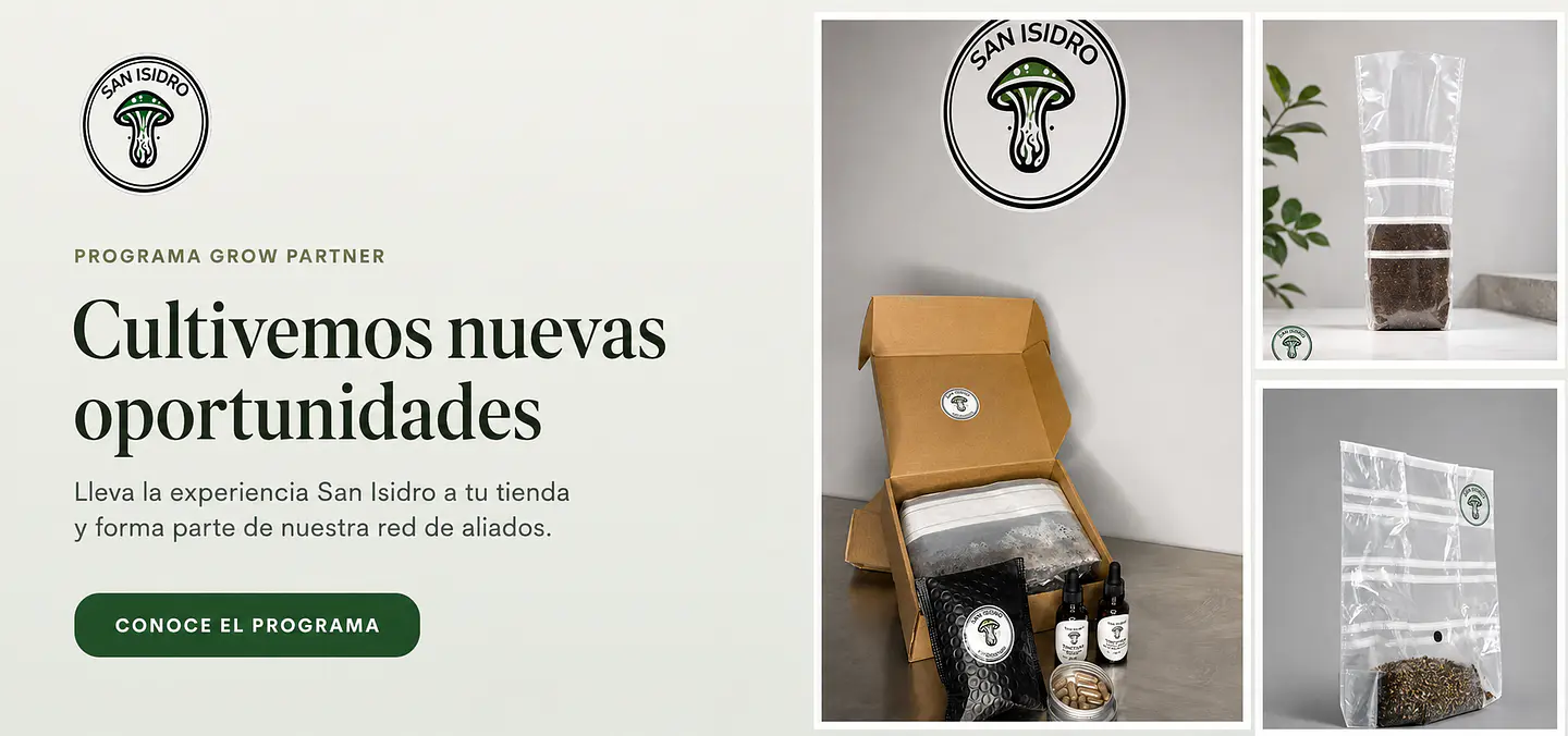 Programa Grow Partner de San Isidro Fungi con kits de cultivo Mycebag y materiales preparados para tiendas aliadas