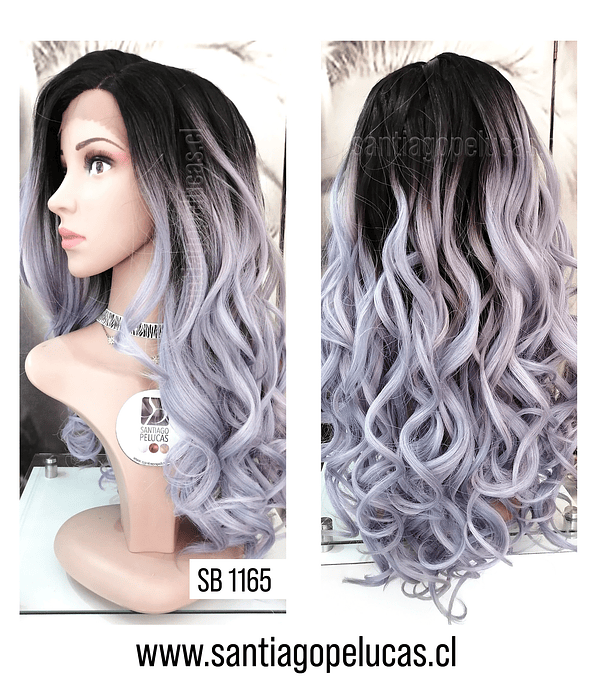 SB 1165 LACE FRONT PART. LADO LARGA ONDAS BALAYAGE GRIS MECHAS ROSA