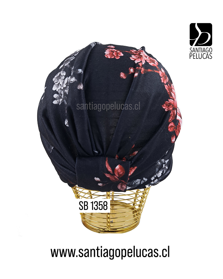 SB 1358 TURBANTE JAZMIN PIEL DURAZNO NEGRO CON FLORES