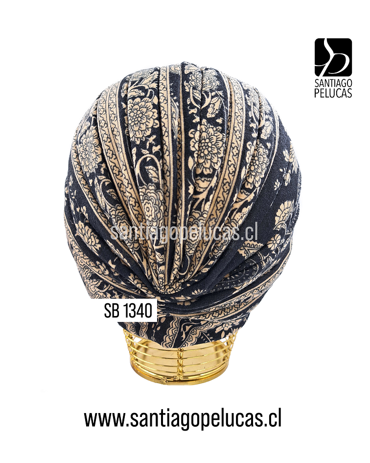 SB 1340 TURBANTE TURQUIA MANDALA FLORES PEQUEÑAS NEGRO CON BEIGE