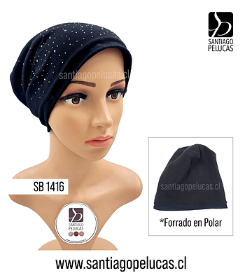 SB 1416 GORRO TURBANTE NEGRO CON BRILLANTES PLATEADOS