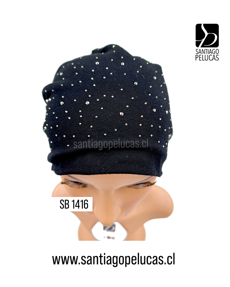 SB 1416 GORRO TURBANTE NEGRO CON BRILLANTES PLATEADOS