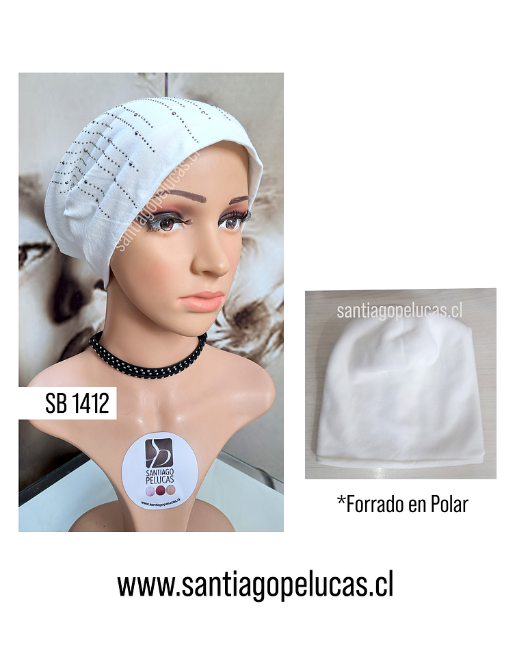 SB 1412 GORRO TURBANTE BLANCO CON DISEÑO BRILLANTES LINEAS PLATEADO