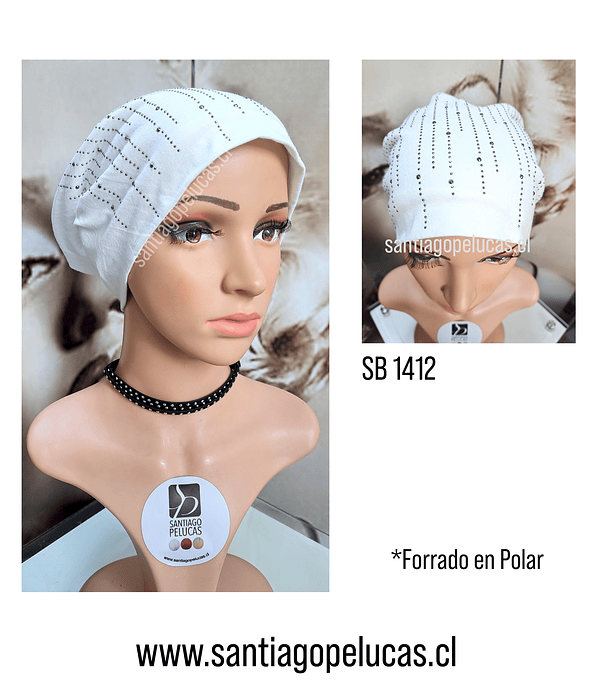 SB 1412 GORRO TURBANTE BLANCO CON DISEÑO BRILLANTES LINEAS PLATEADO