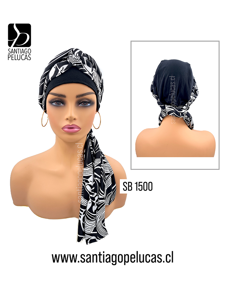 SB 1500 TURBANTE LARGO NEGRO CON CINTA DISEÑO RAYAS BLANCO