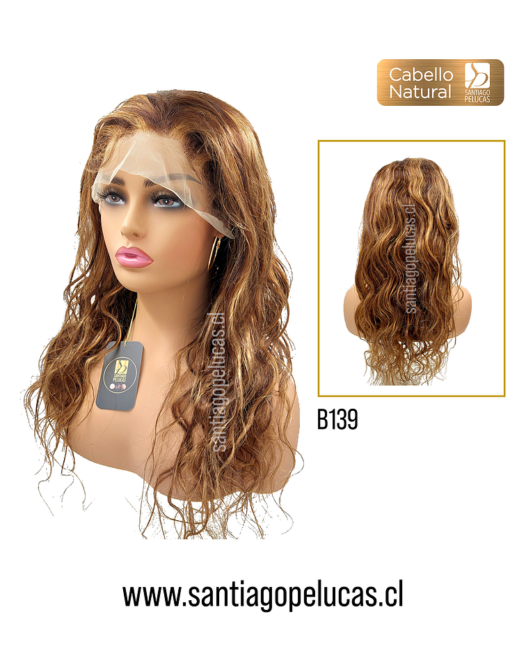 B139 LACE FRONTAL LARGA ONDAS CHOCOLATE CON MECHAS RUBIO DORADO