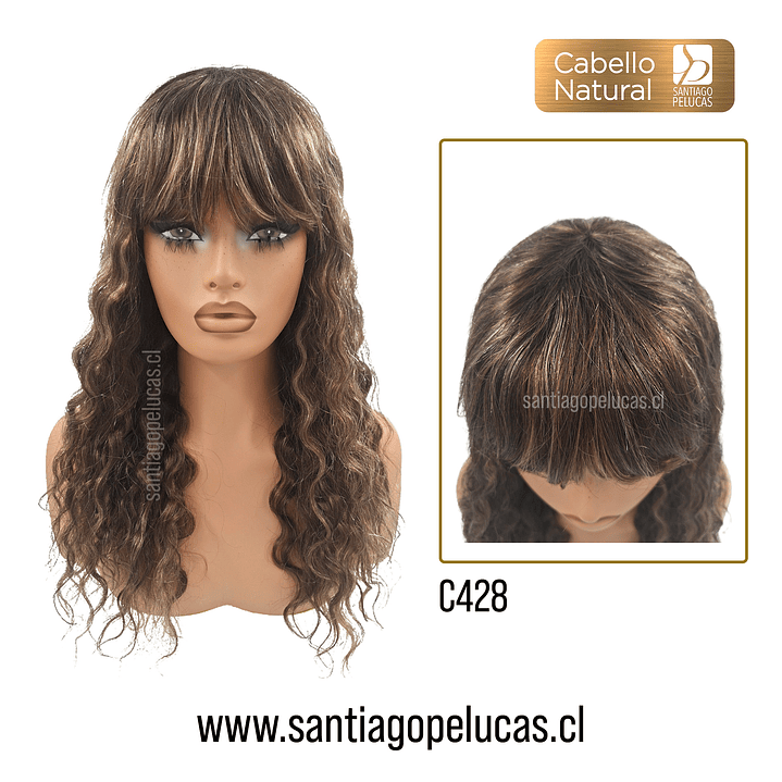 C428 PELUCA NATURAL ESCALONADA CRESPA CASTAÑO CON MECHAS 1