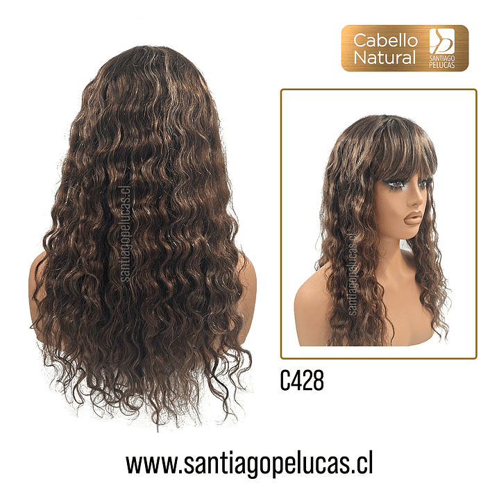 C428 PELUCA NATURAL ESCALONADA CRESPA CASTAÑO CON MECHAS 2