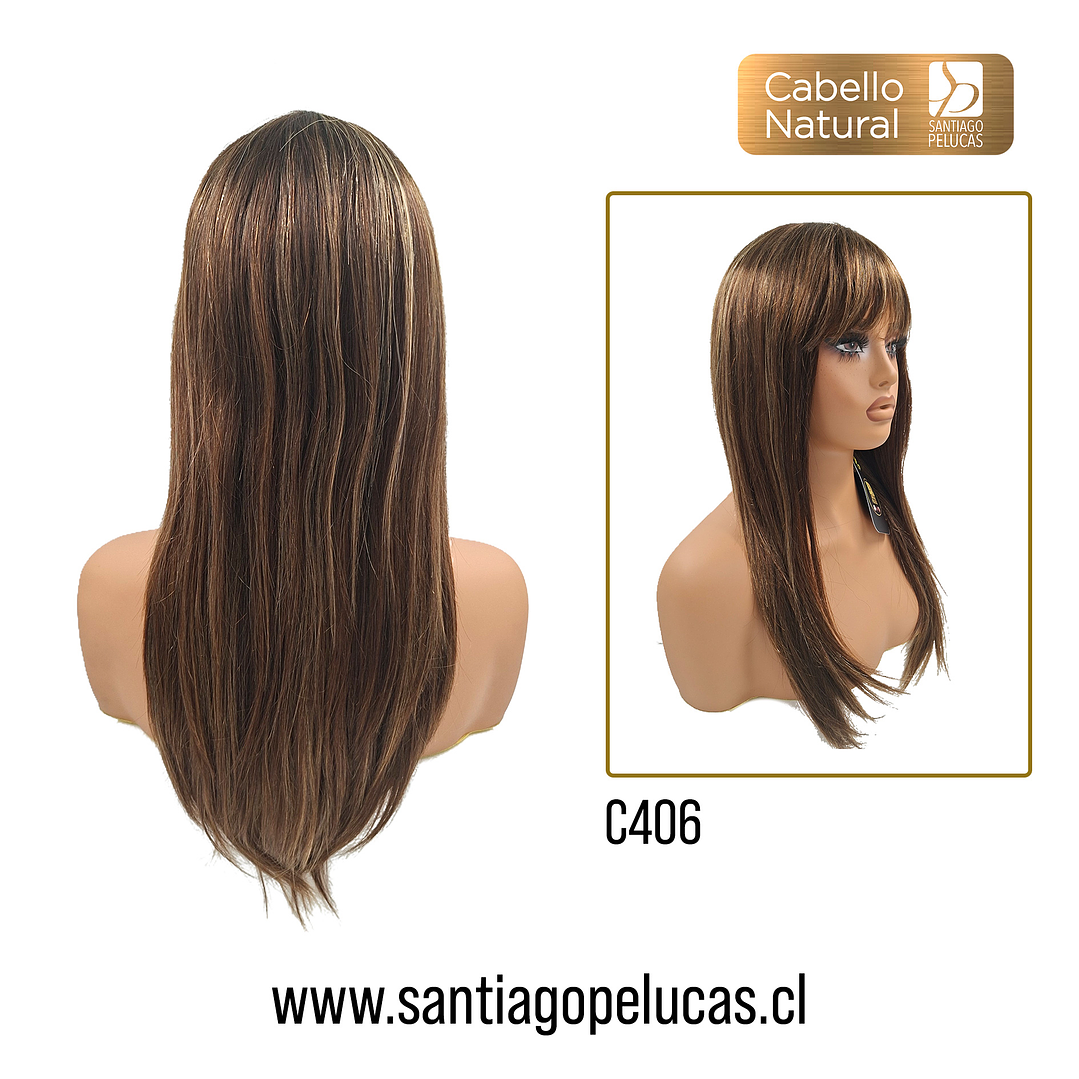 C406 PELUCA LARGA LISA ESCALONADA CON FLEQUILLO CASTAÑO CON MECHAS 2