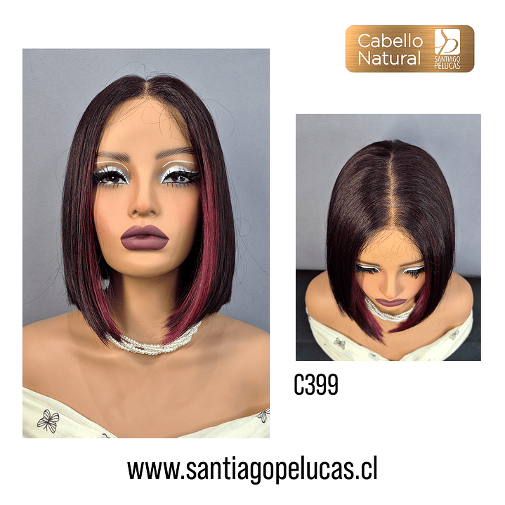 C399 LACE FRONTAL MELENA LISA BOB ROJO OSCURO CON MAGENTA 1