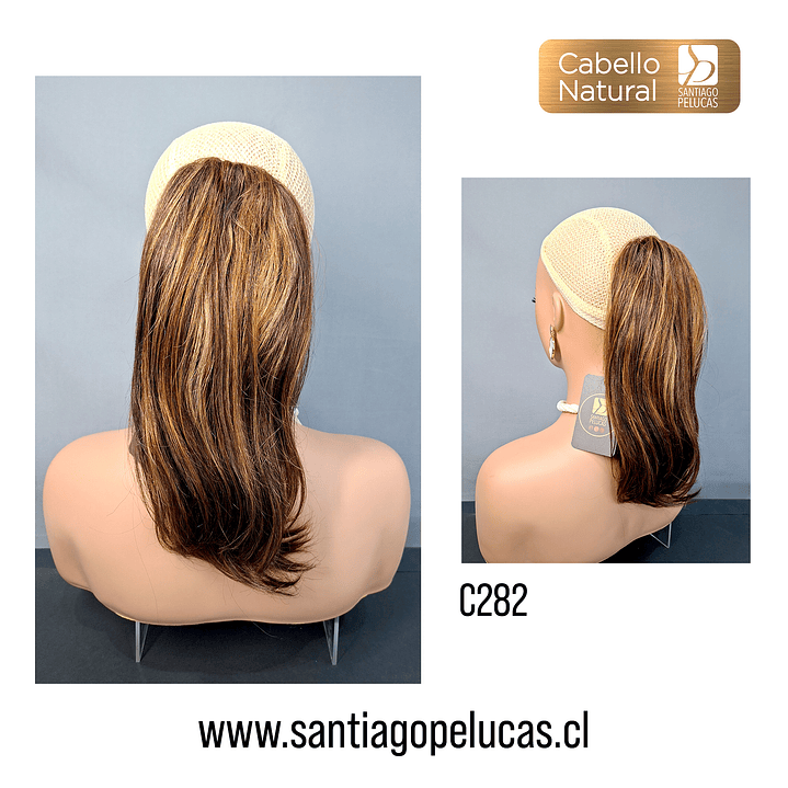 C282 POSTIZO DE COLA NATURAL LISO CASTAÑO CON MECHAS 1