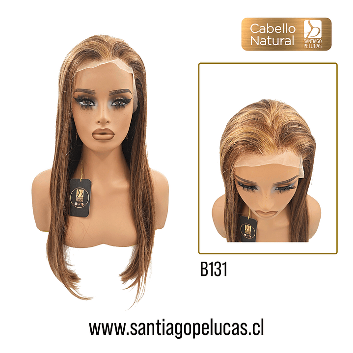 B131 LACE FRONTAL LARGA LISA CHOCOLATE CON MECHAS RUBIO OSCURO DORADO 1