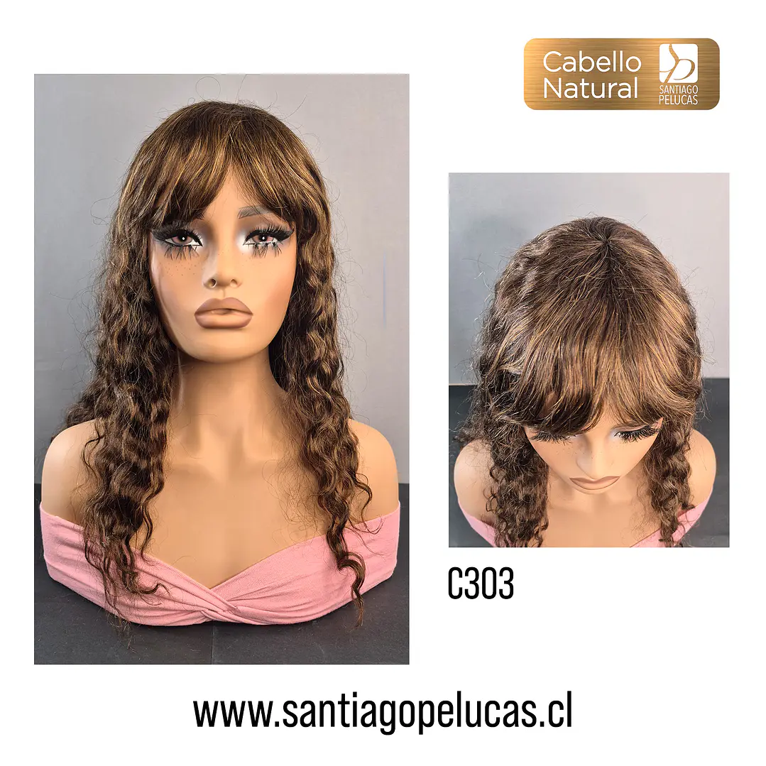 C303 PELUCA NATURAL CON ONDAS CASTAÑO CON REFLEJOS CARAMELO 1