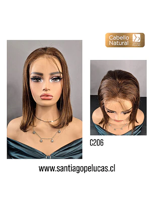 C206 LACE FRONTAL MELENA LISA BOB RECTO CASTAÑO CLARO CON MECHAS CARAMELO