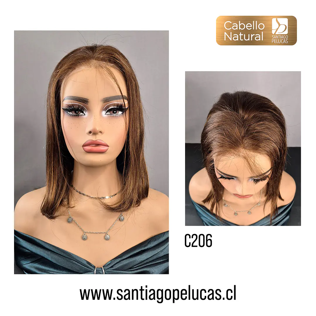 C206 LACE FRONTAL MELENA LISA BOB RECTO CASTAÑO CLARO CON MECHAS CARAMELO 1