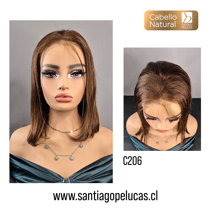 C206 LACE FRONTAL MELENA LISA BOB RECTO CASTAÑO CLARO CON MECHAS CARAMELO 1
