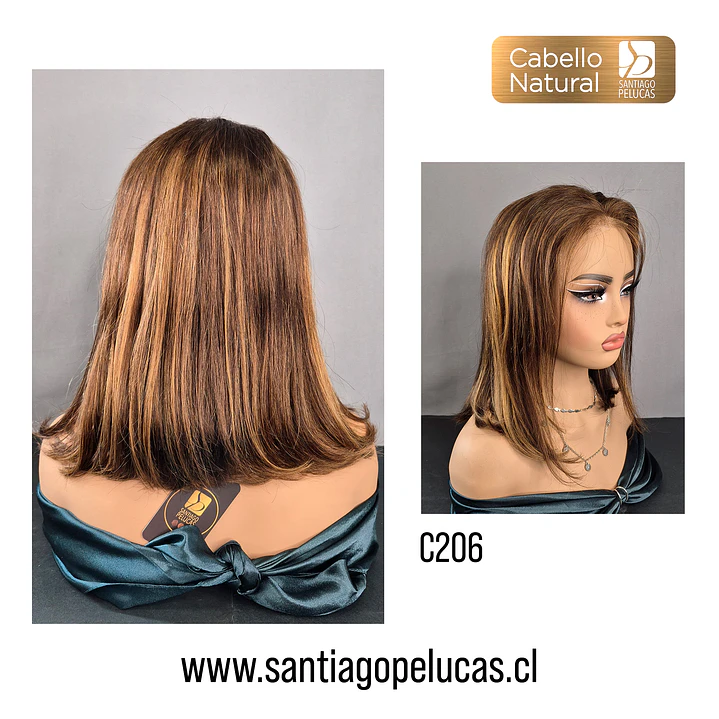 C206 LACE FRONTAL MELENA LISA BOB RECTO CASTAÑO CLARO CON MECHAS CARAMELO 2