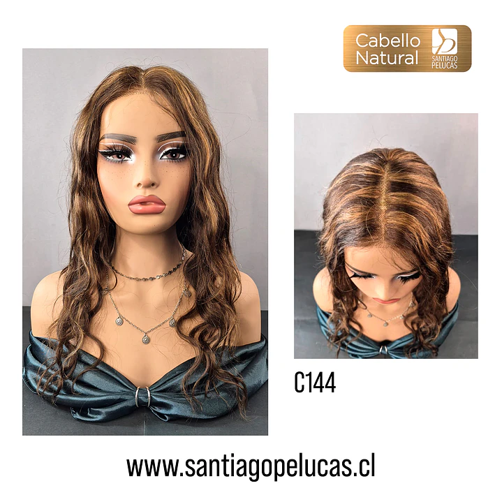 C144 LACE FRONT LARGA CON ONDAS CASTAÑO CON MECHAS CARAMELO 1