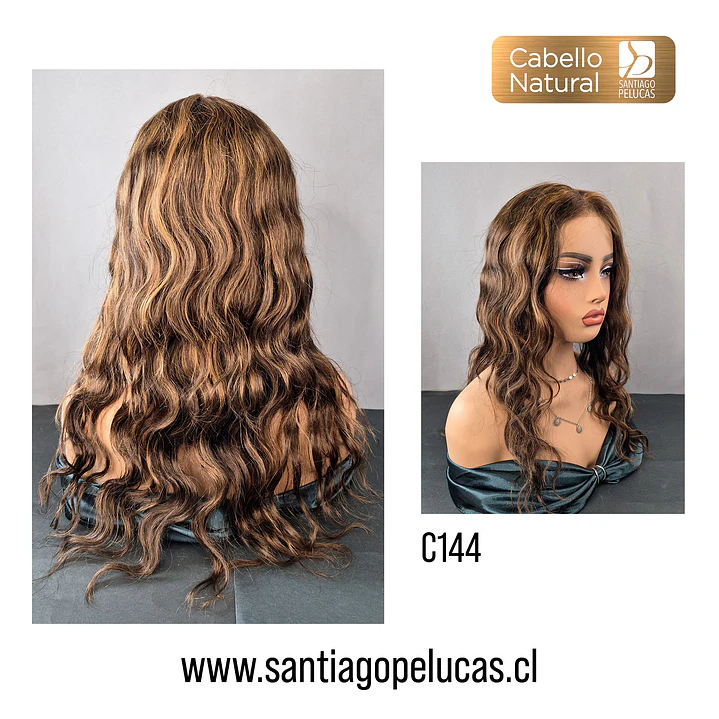 C144 LACE FRONT LARGA CON ONDAS CASTAÑO CON MECHAS CARAMELO 2