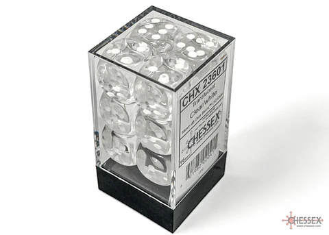 Chessex Dice Block – Translucent Clear/White 16mm D6 (12 Dados)