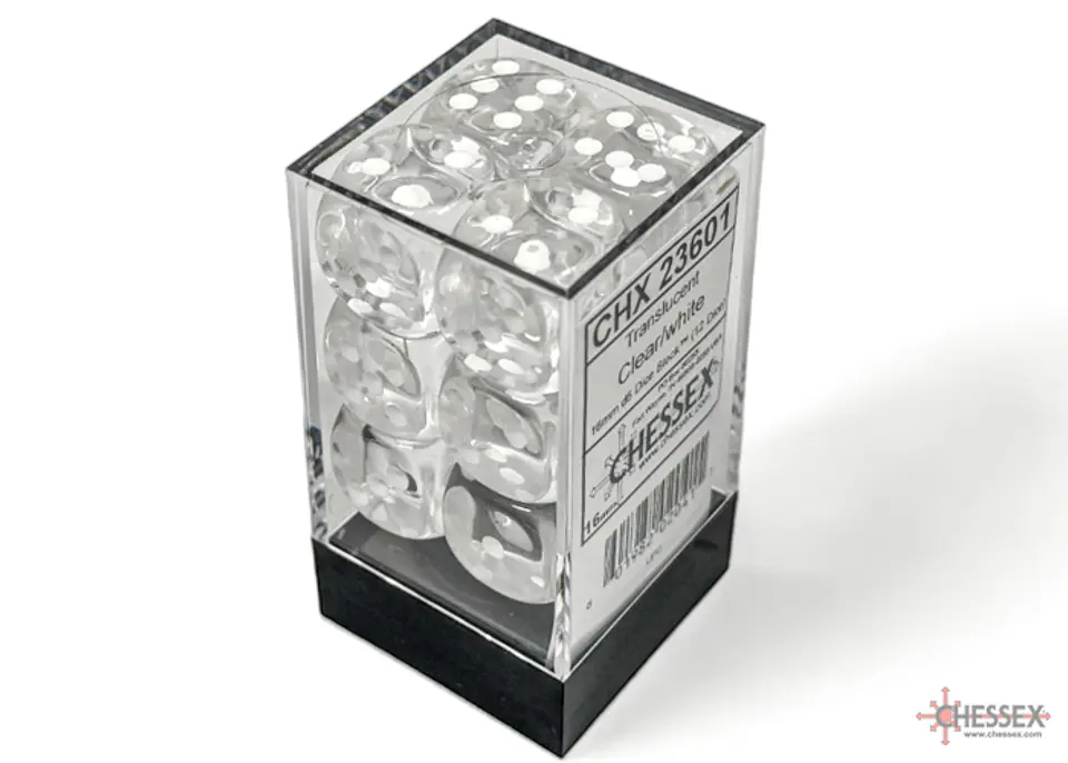 Chessex Dice Block – Translucent Clear/White 16mm D6 (12 Dados) 1
