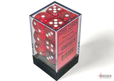 Chessex Dice Block – Translucent Red/White 16mm D6 (12 Dados)