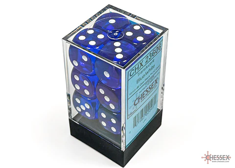 Chessex Dice Block – Translucent Blue/White 16mm D6 (12 Dados)
